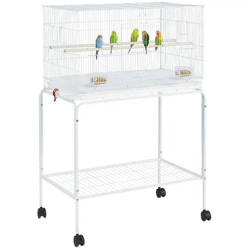 

47"H Rolling Stand Flight Metal Bird Cage with Slide-Out Tray for Small Birds, White Easy cleaning