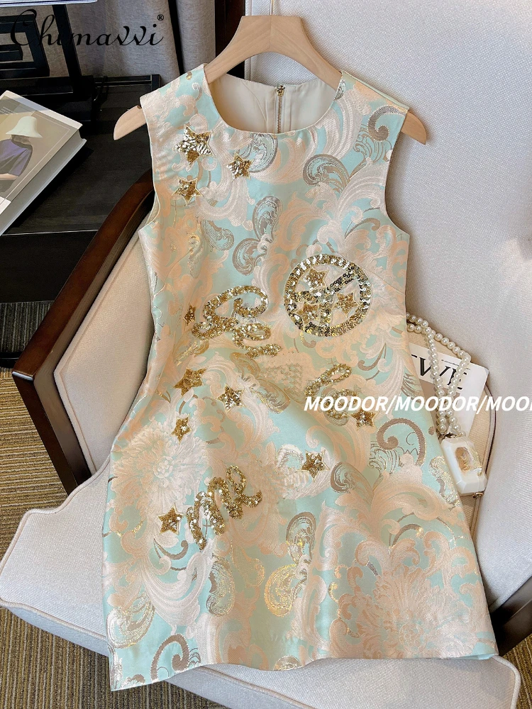 

Chinese Style Sequined Embroidered Gilded Jacquard round Neck Sleeveless High Waist A- line Short Bottoming Dress for Women 2024