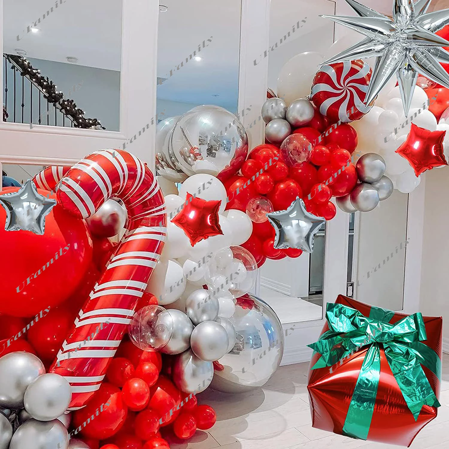 

1 комплект рождественских воздушных шаров, гирлянда, арка, красный, зеленый, латексные шары, зеленые воздушные шары из фольги в виде тростника, Санта, с Новым годом, искусственные декоративные шары
