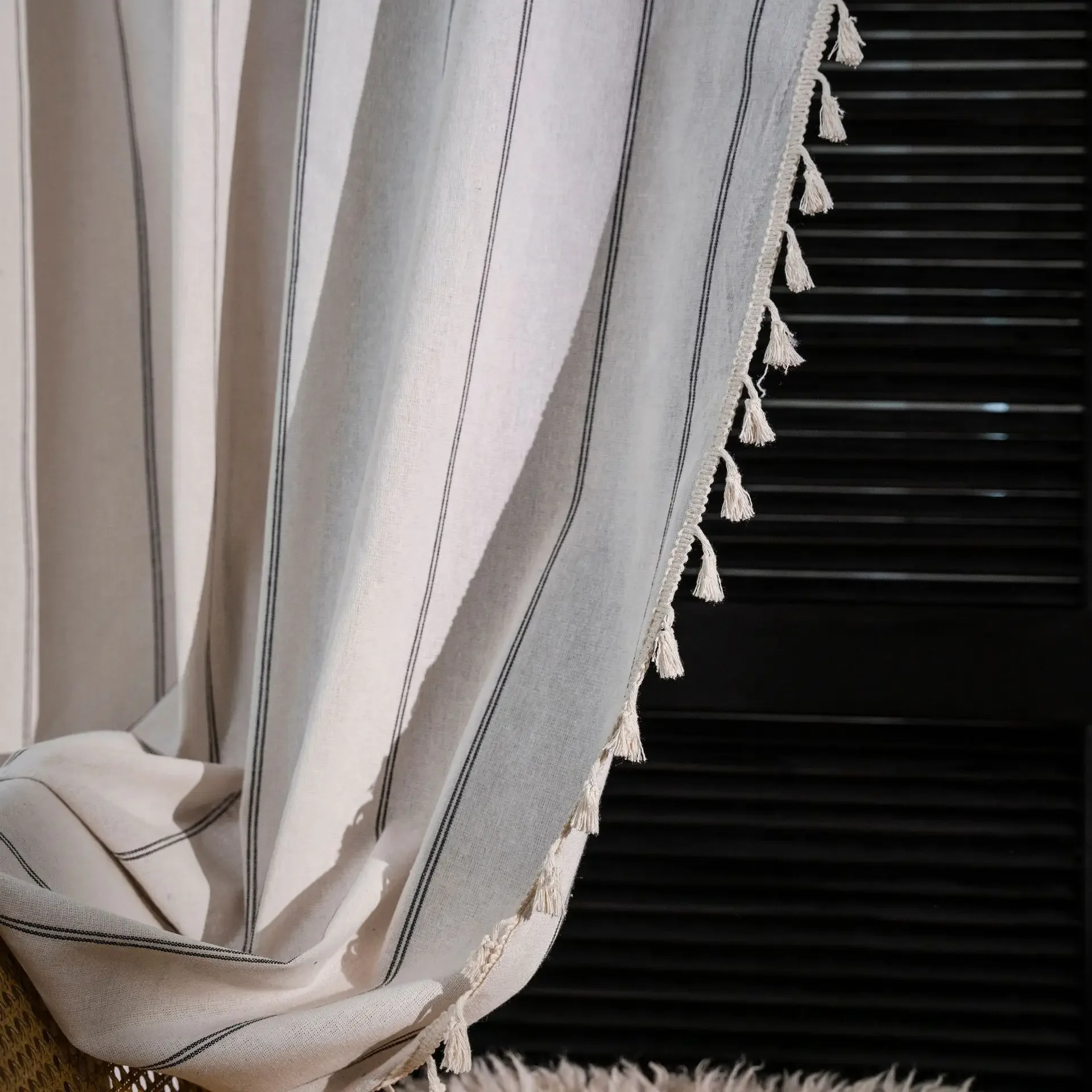 

Pastoral Style Striped Yarn-dyed Tassel Curtain Semi Blackout Curtains for Living Room Bedroom Kitchen Home Decoration Curtain