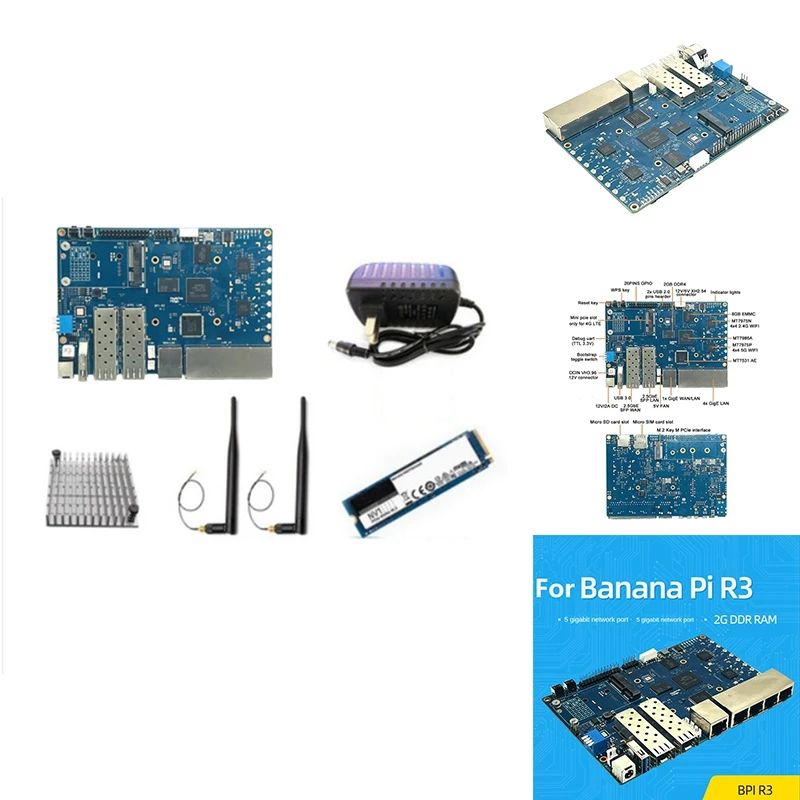Для бананов PI BPI-R3 MT7986 2 ГБ + 8 Гб EMMC 2XSFP роутер макетная плата с 256G SSD + теплоотвод + 2X антенны + Мощность
Для бананов PI BPI-R3 MT7986 2 ГБ + 8 Гб EMMC 2XSFP роутер макетная плата с 256G SSD + теплоотвод + 2X антенны + Мощность