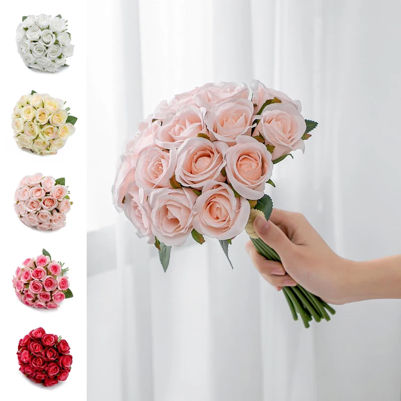 

18 Heads Simulated Rose Silk Flower Bouquet Wedding Bride Holding Flowers Photographic Props Home DIY Desktop Decoration