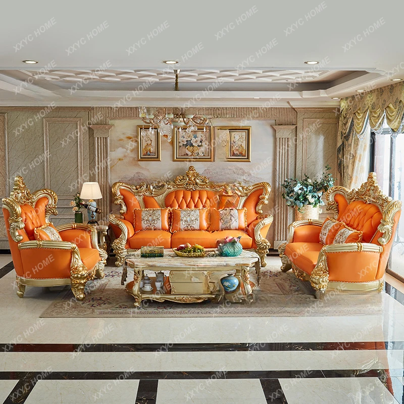 

Leather Sofa 123 Combination Solid Wood Carved Living Room Large Apartment Villa Luxury High-End