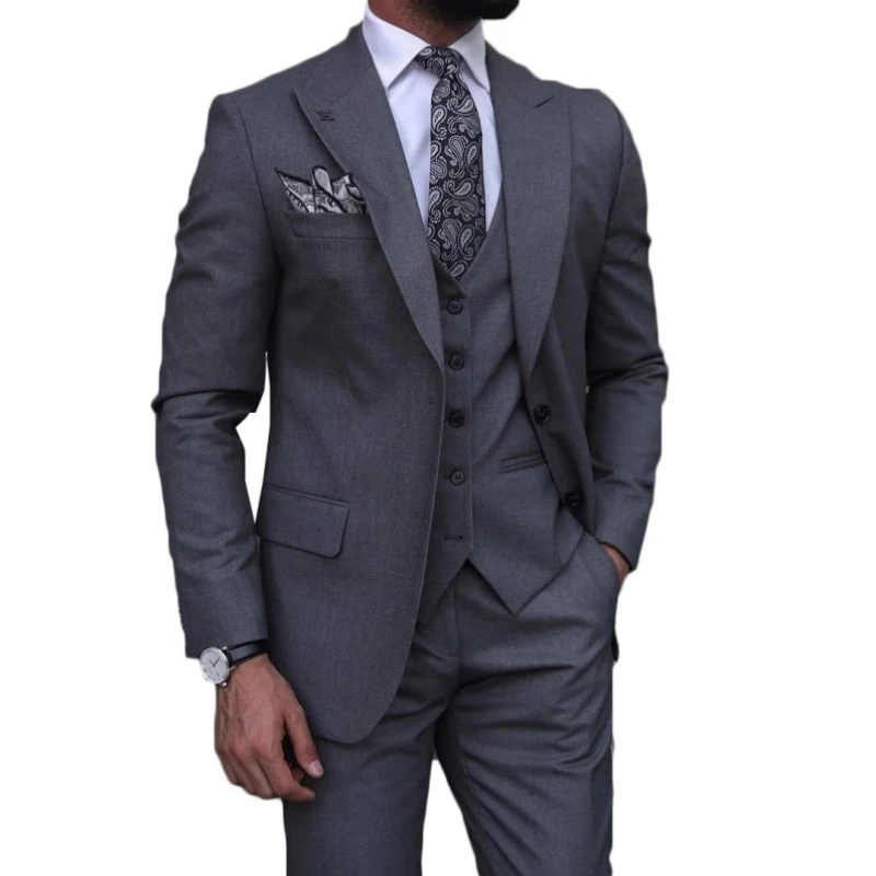 Мужской классический костюм, серый костюм из трех предметов, приталенный пиковый отворот, две кнопки, для свадьбы, деловой костюм жениха, жилет с брюками 
Мужской классический костюм, серый костюм из трех предметов, приталенный пиковый отворот, две кнопки, для свадьбы, деловой костюм жениха, жилет с брюками