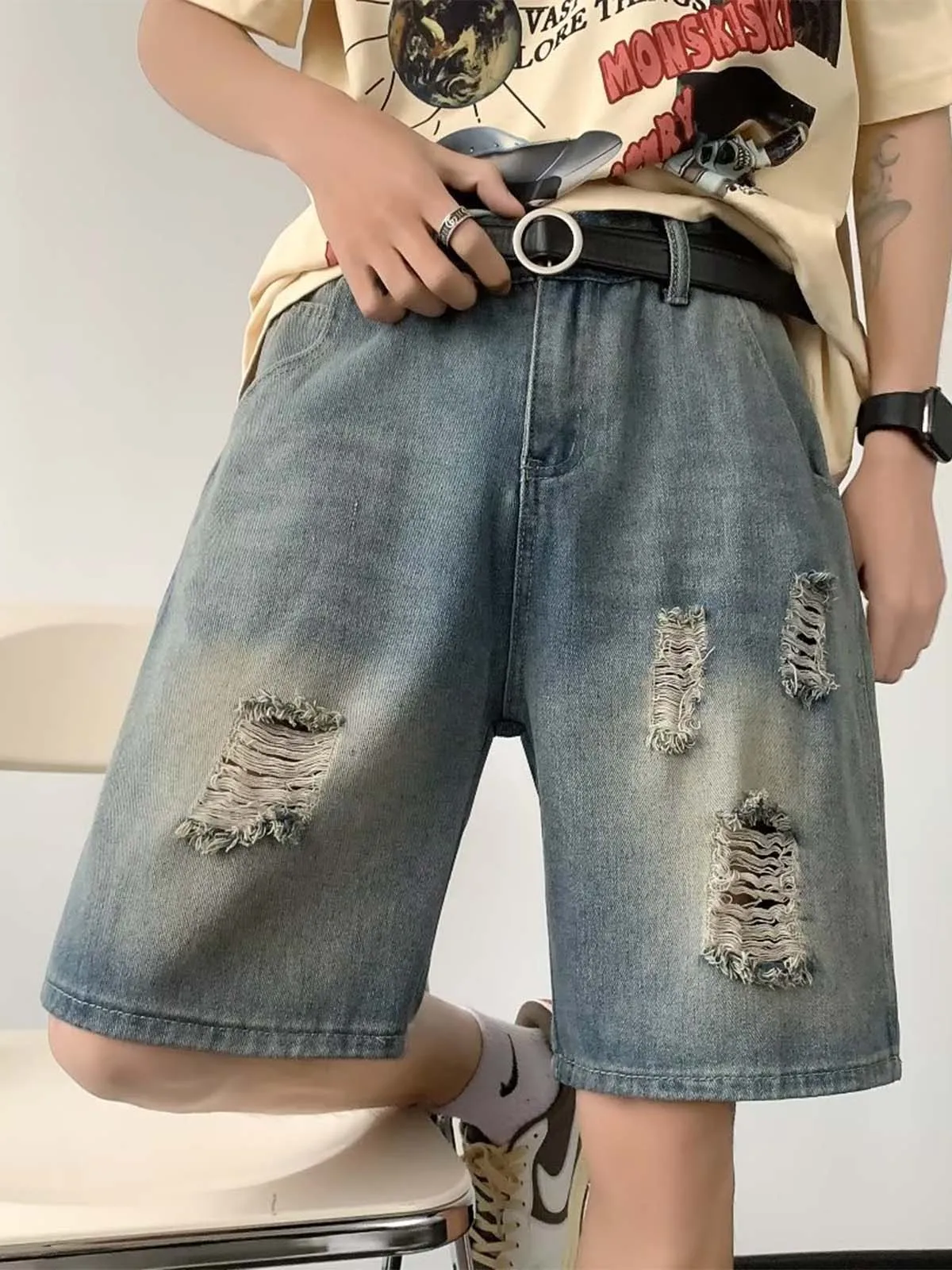 

2024 Vintage Mens Washed Ripped Denim Shorts Plus Size Blue Holes Distressed Jeans Loose Stretched Summer Half Trousers B25