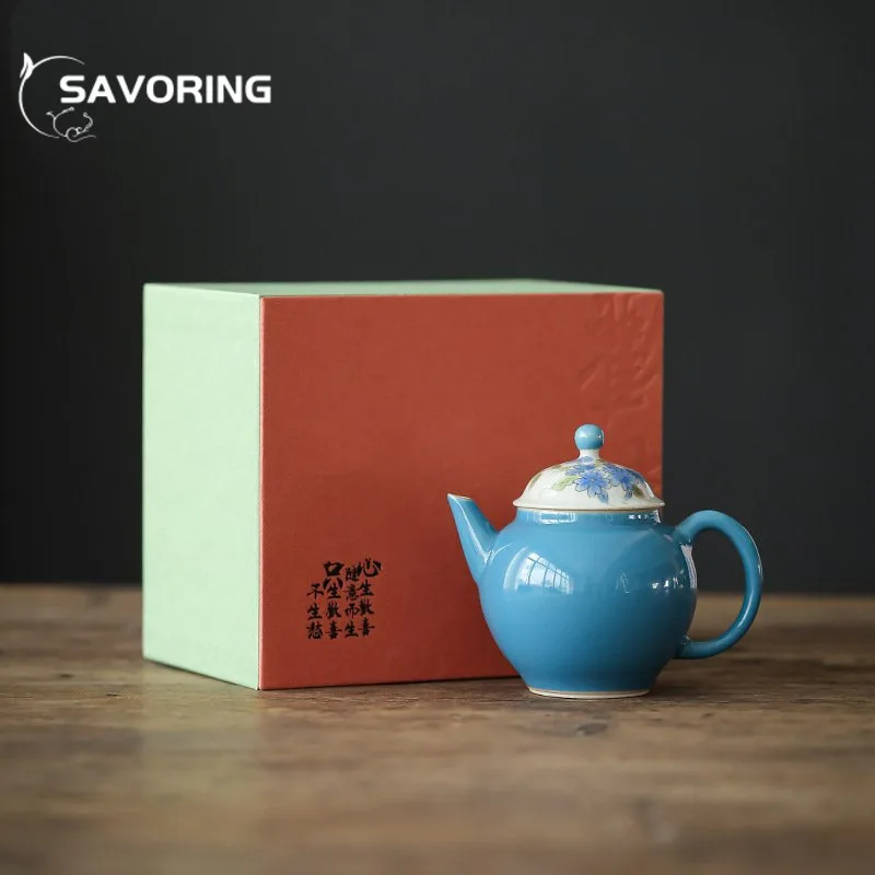

130ml Hand-painted Flower Ceramic Teapot Handmade Peacock Blue Galze Pot with Filter Tea Brewing Small Pear Kettle Kung Fu Tool