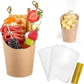 50 Set 14oz Disposable Charcuterie Cups, Kraft Paper French Fries Holder for Waffles, Chips, Popcorn or Party Treats
