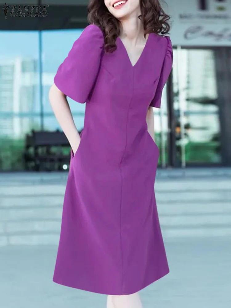 

Платье ZANZEA женское праздничное с пышными рукавами, Модный Повседневный Сарафан с V-образным вырезом, однотонное винтажное офисное средней длины, модель 2024 на лето