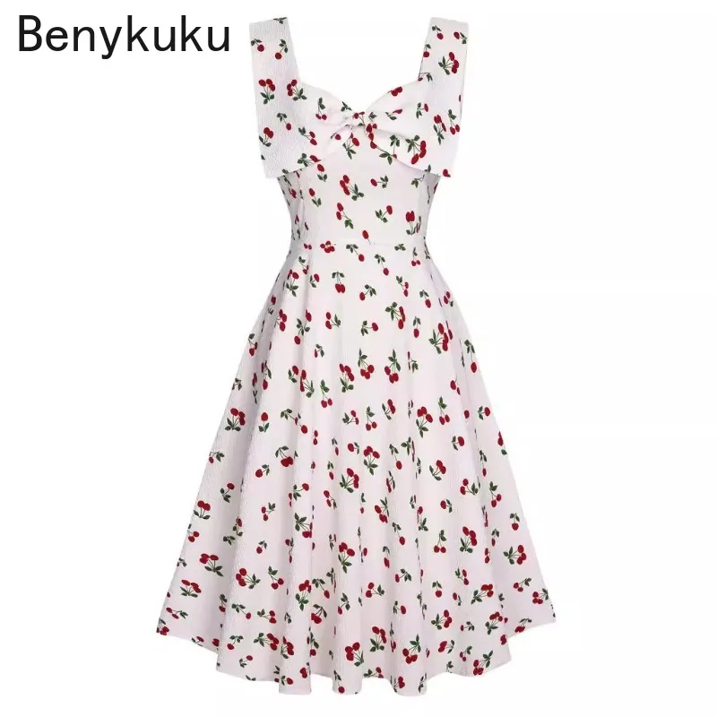 

Sweet Cherry Print Bow Party Dresses Summer Clothes Women 2024 Elegant Birthday Holiday Outfits Womens Dress Beach Wear Sundress
