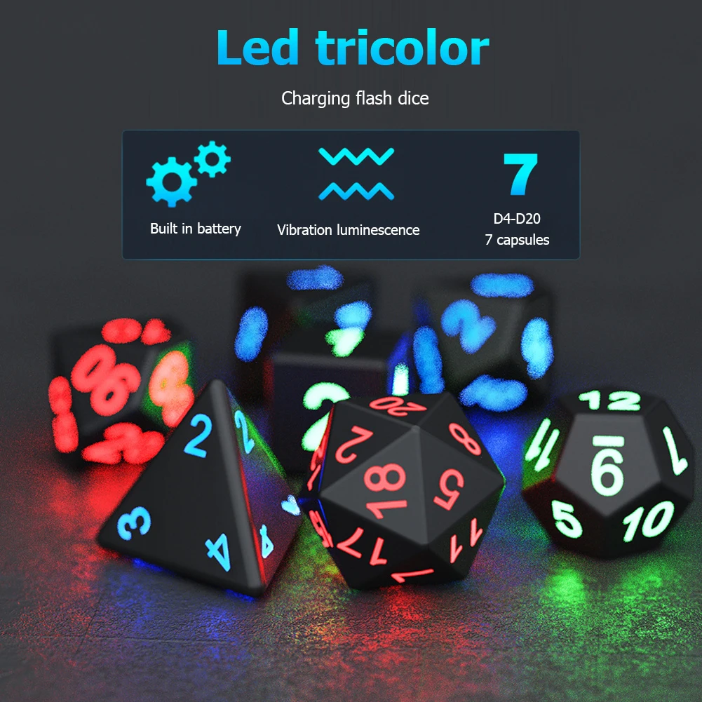 

7Pcs/Set Electronic Dice USB Rechargeable Luminous Dice Glow In The Dark DND Dices RPG Polyhedral Dice RPG D4 D6 D8 D10 D12 D20