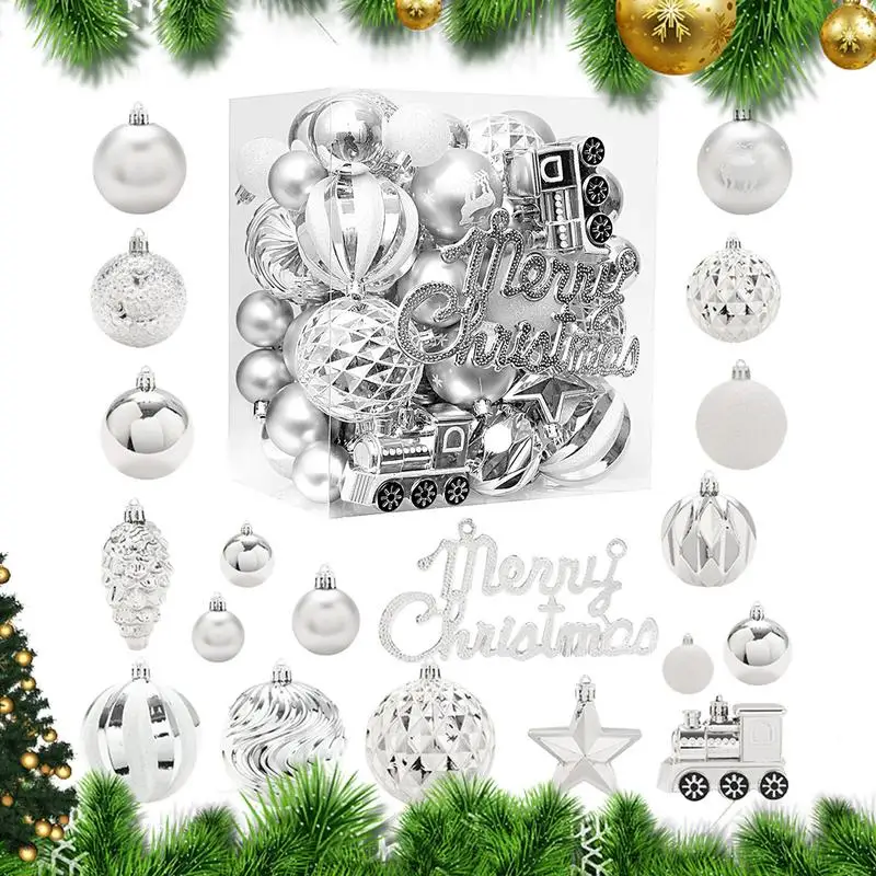 

Christmas Tree Balls Ornaments Silver White Ball Ornaments Set 65Pcs Balls Ornaments For Christmas Tree Shatterproof Christmas