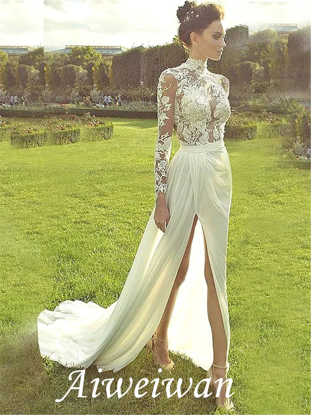 

A-Line Wedding Dresses High Neck Court Train Long Sleeve Country Illusion Sleeve with Lace Insert Appliques Split Front