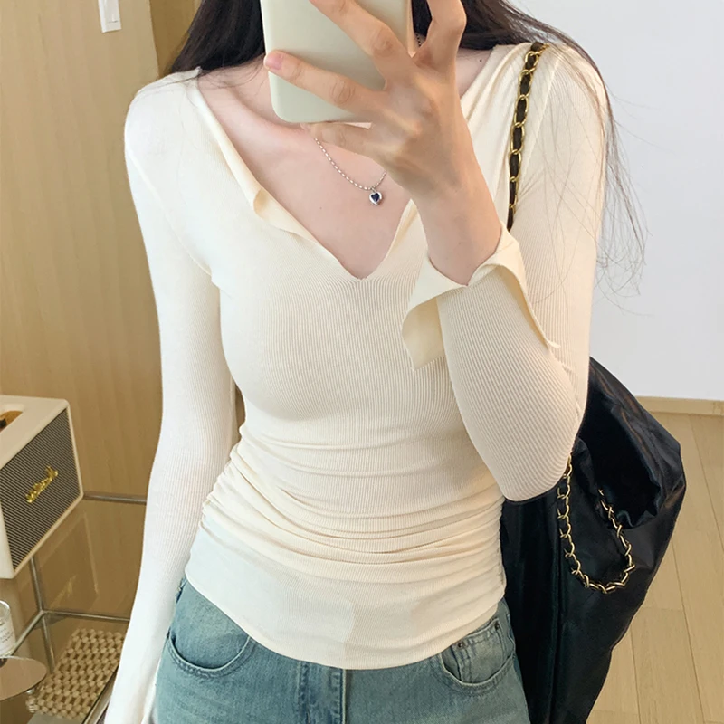

Thin Tee Shirts Femme Autumn Korean Clothes Casual T Shirt Women Sexy Slim V Neck Tops Long Sleeve T-Shirts Female Ropa Mujer