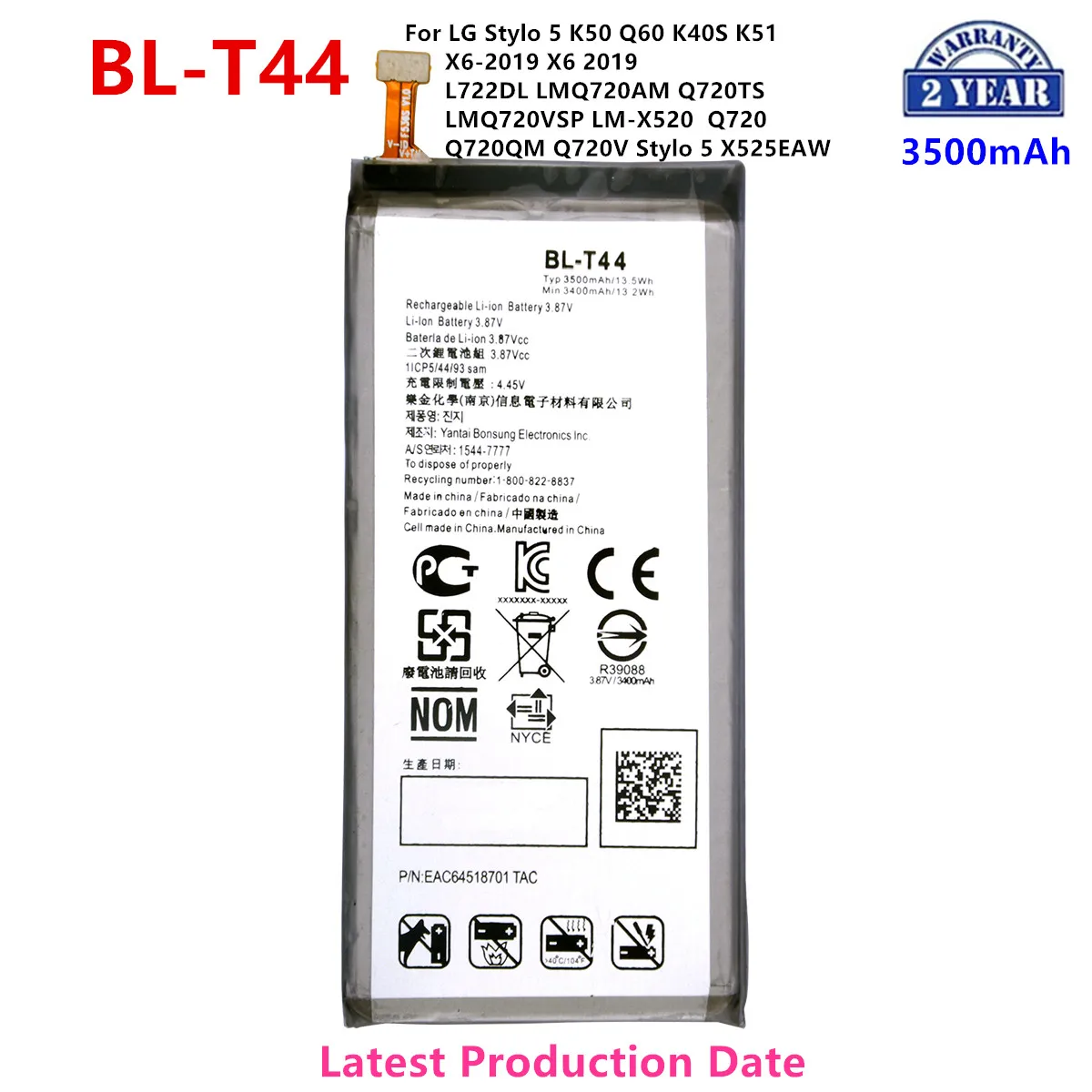 

Original BL-T44 3500mAh Replacement Battery For LG Stylo 5 K50 Q60 K40S K51 X6-2019 X6 2019 Mobile phone Batteries