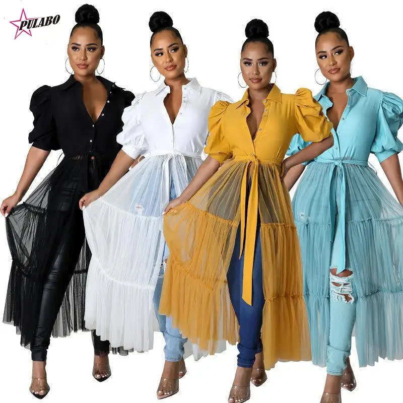 PULABO Women Elegant Mesh Patchwork Lantern Short Sleeve High Waist Single Breasted Shirt Style Long Maxi Dress Summer Female
PULABO Women Elegant Mesh Patchwork Lantern Short Sleeve High Waist Single Breasted Shirt Style Long Maxi Dress Summer Female