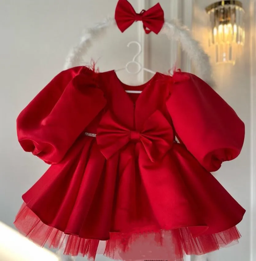 

Fluffy Baby Girls Party Gown with Long Bubble Sleeve Lolita First Birthday Dress Tutu Gown Baby Clothing with Big Bow 12M