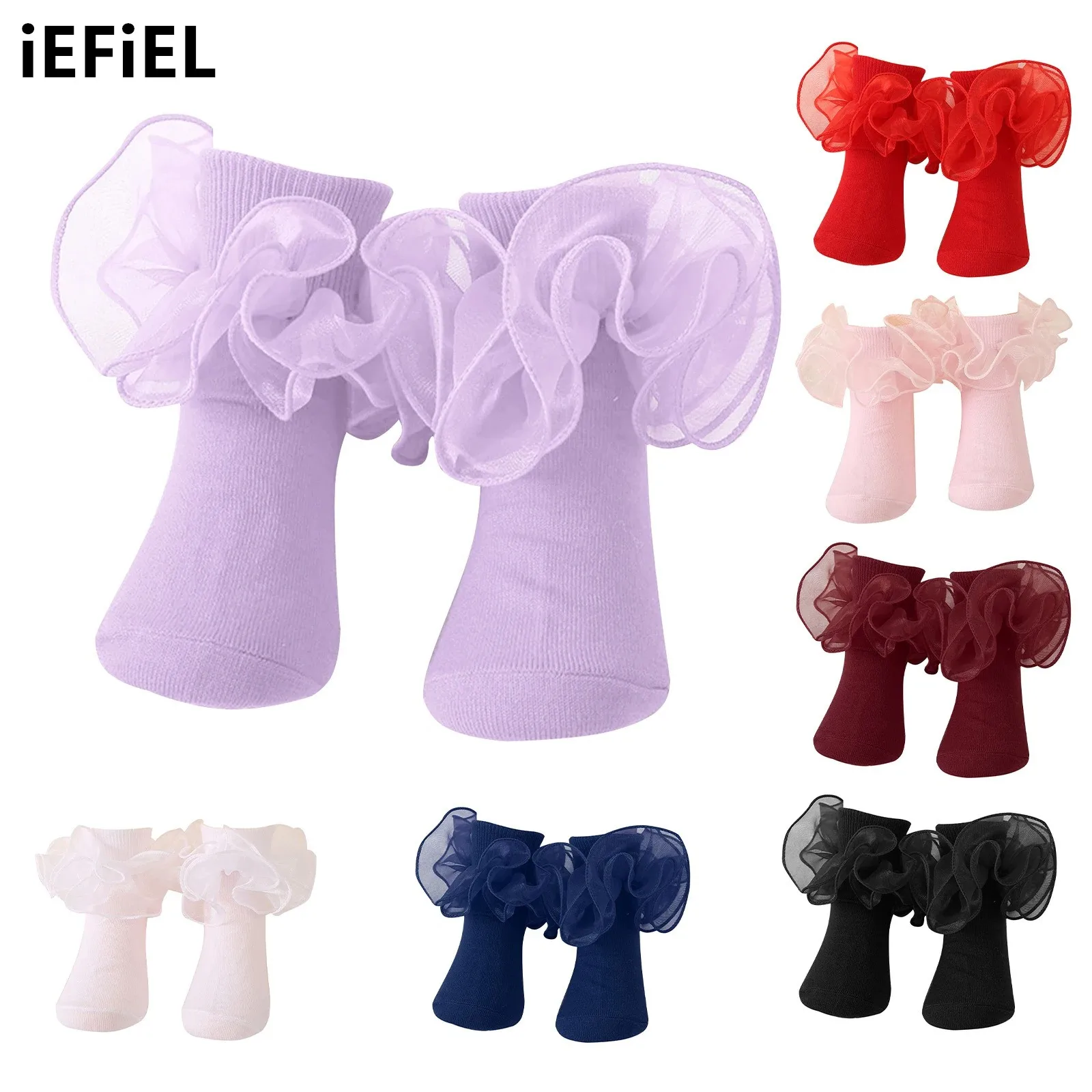 

Kids Girls Cotton Princess Socks Ruffled Elastic Rib Top Tiered Ruffles Solid Color Socks Calf Length Socks for Daily Wear