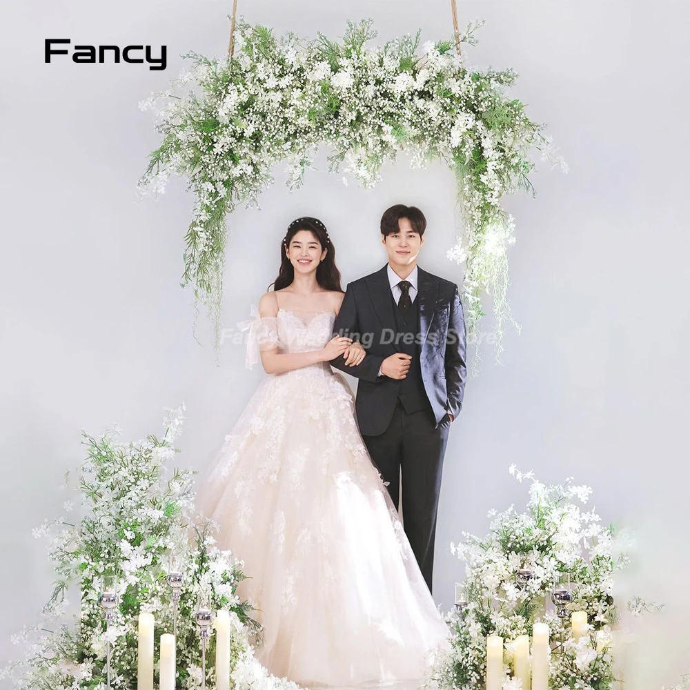 

Fancy Fairy A Line Wedding Dress Korea Photoshoot Sweetheart Soft Tulle Bridal Gown Remove Sleeveless Evening Party Dresses