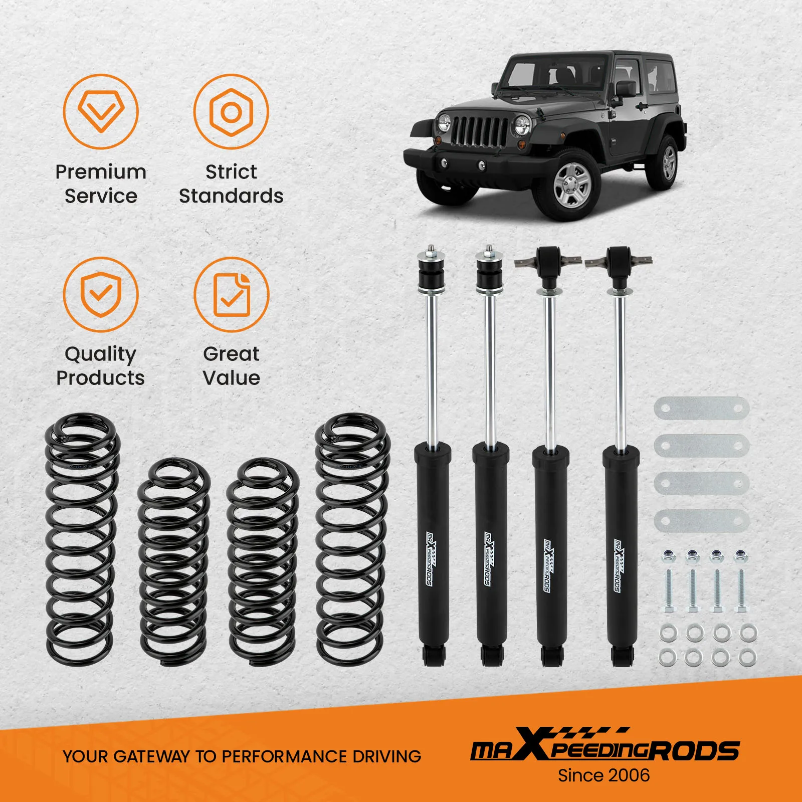 Комплект подъема 2,5 дюйма для Jeep Wrangler JK Unlimited 4DR 2007-2018 shock + спиральные пружины
Комплект подъема 2,5 дюйма для Jeep Wrangler JK Unlimited 4DR 2007-2018 shock + спиральные пружины