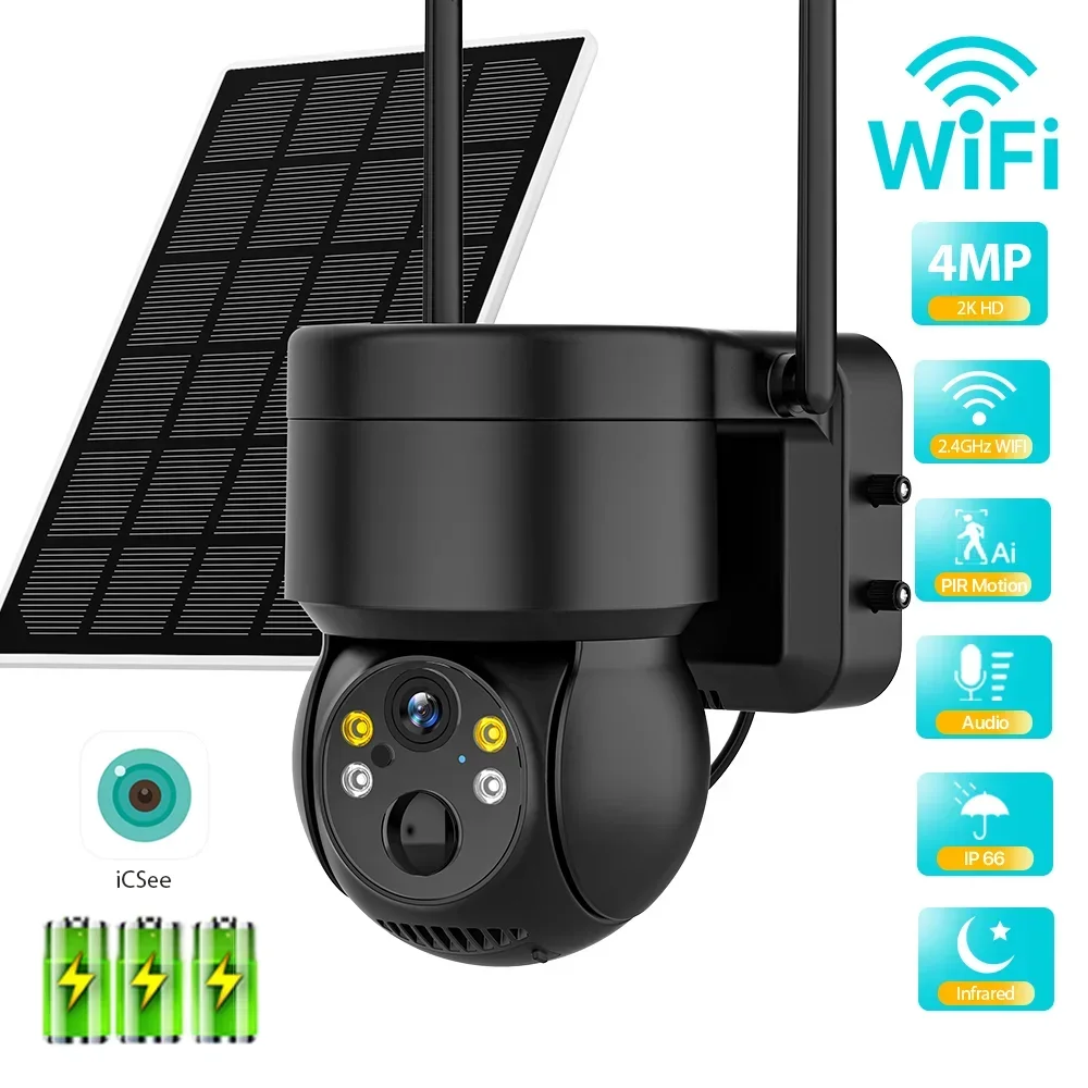 

Battery PIR Human Alarm iCsee Wireless Solar Wifi PTZ IP Camera Outdoor 4MP HD Built-in 7800mAh Recharge Camera With Solar Panel