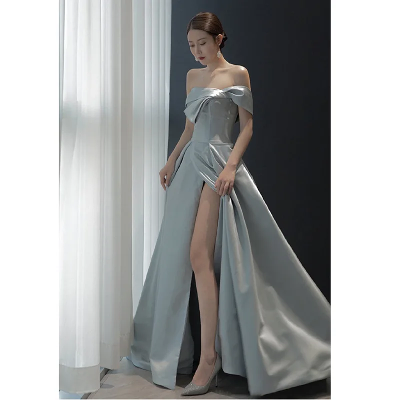 

French Style Satin Evening Dress Women's Elegant Simple Solid Color Slash Neck Off Shoulder Split Floor-Length Banquet Dresses