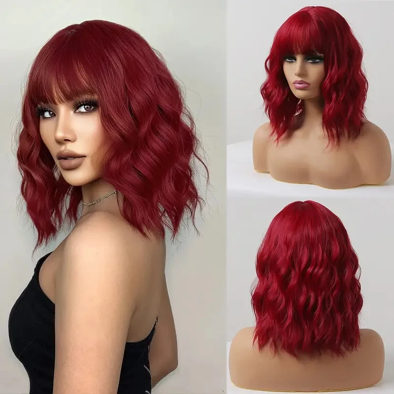 

Wavy Wigs With Bangs For Women Short Curly Bob Wigs Medium Shoulder Length Burgundy Wine Red Wigs Natural Looking Synthetic Heat