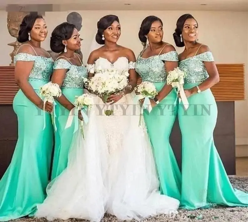 

Mint Green Long Bridesmaid Dresses For Black Women Spaghetti Straps Mermaid Sequin Satin Formal Wedding Party Gowns Plus Size