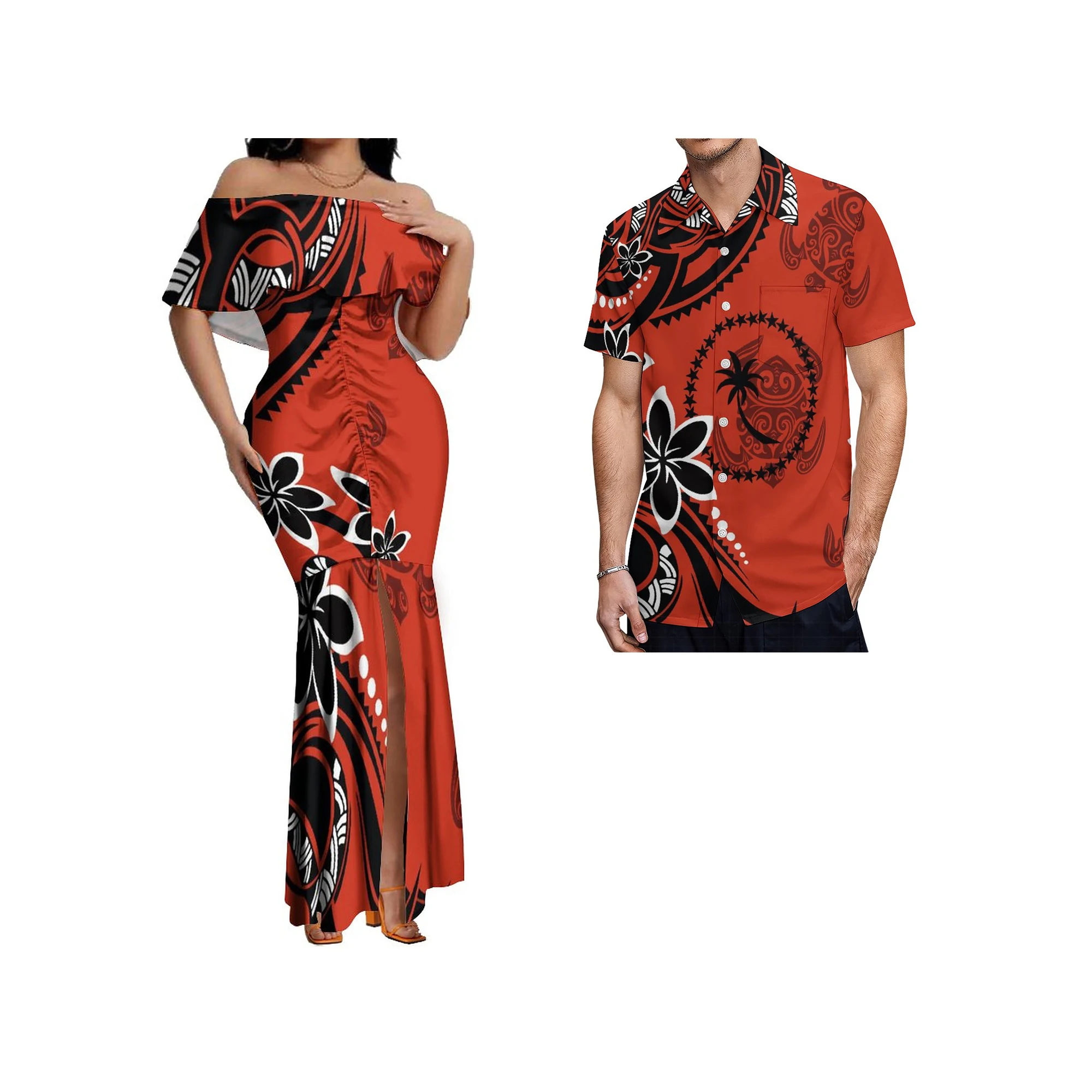

Hot Sale Custom Tapa Print Pacific Island Dresses Bodycon Slit Pleated Dress Polynesian Tribal Maxi Mermaid Dresses