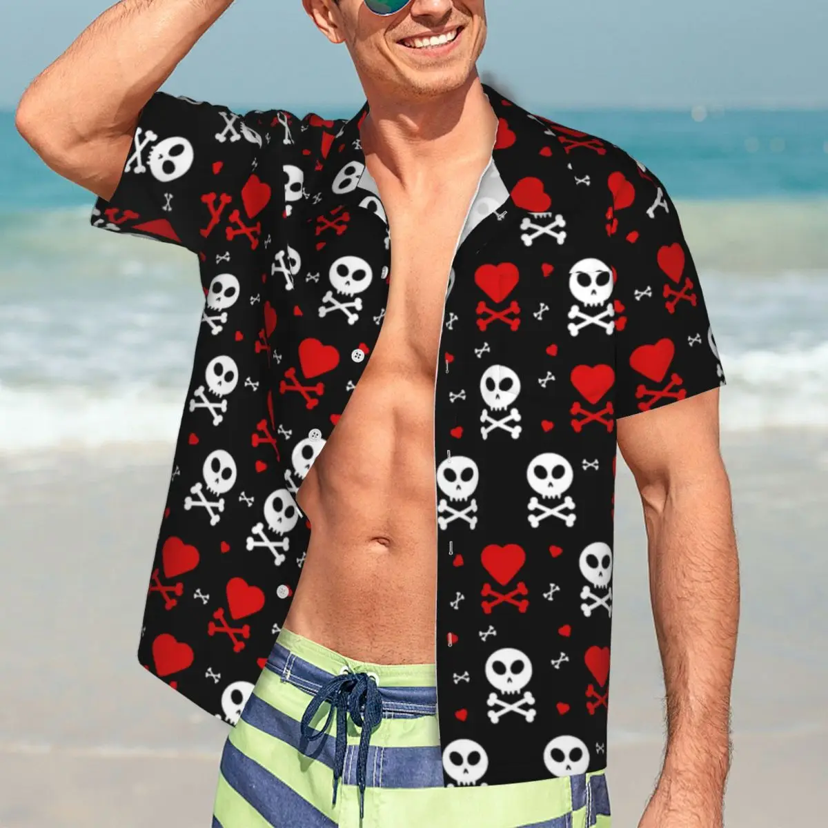 

Skull Hearts Casual Shirt Funny Crossbones Vintage Hawaiian Shirts Men Short Sleeve Beach Street Style Graphic Oversized Blouses