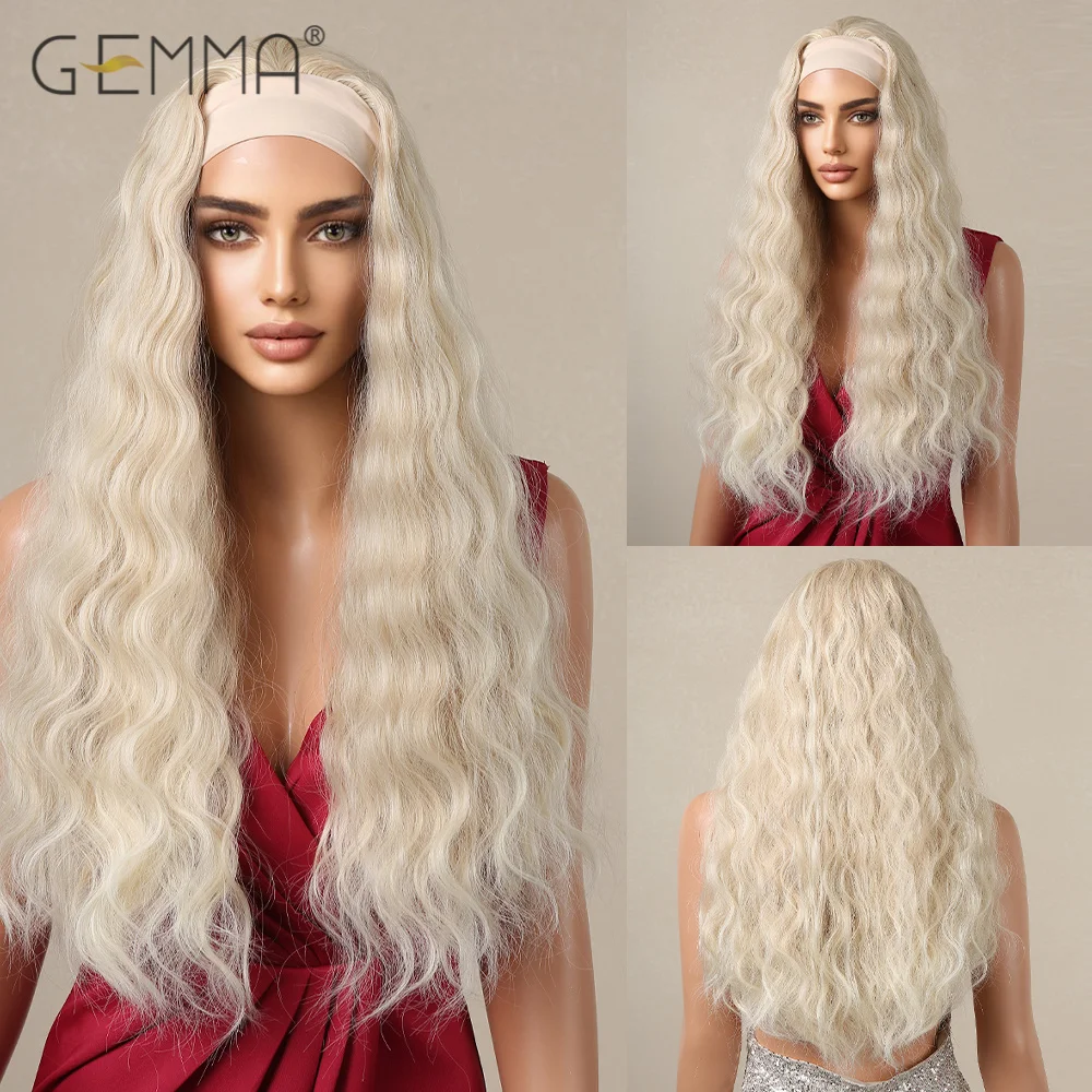 

GEMMA Long Wavy Platinum Blonde Synthetic Headband Wig Long Curly Hair Wigs for Women Afro Cosplay Party Natural Heat Resistant