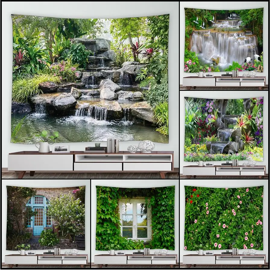 

Tropical Garden Landscape Tapestry Waterfall Flowers Trees Retro Brick Vines Plant Park Nature Scenery Home Decor Wall Hanging