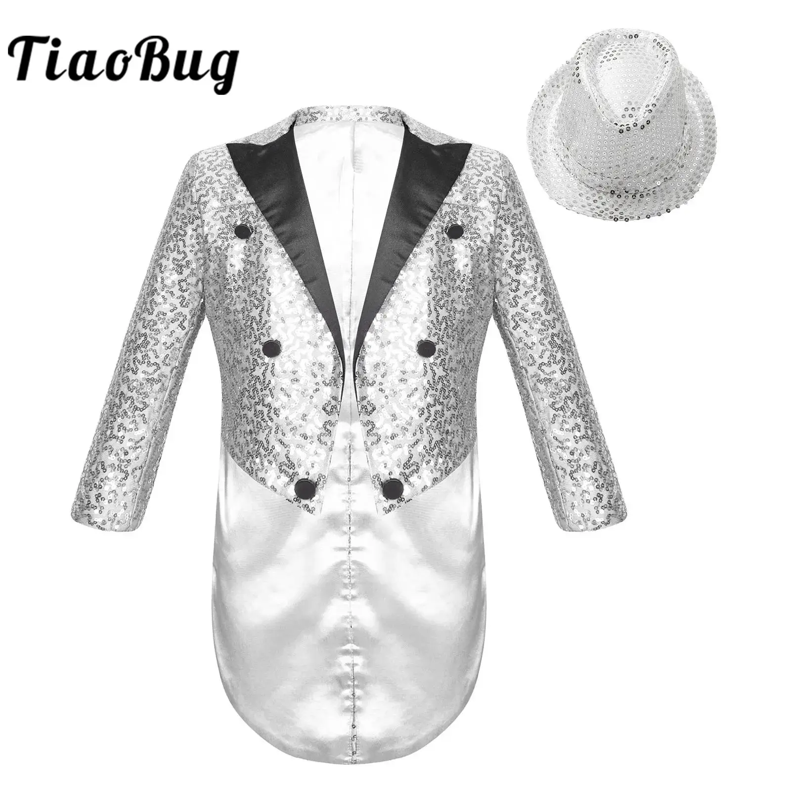 

Kids Boys Blazer Magic Show Jazz Dance Wedding Party Costumes Performance Outfit Long Sleeve Sequin Tailcoat with Sequined Hat