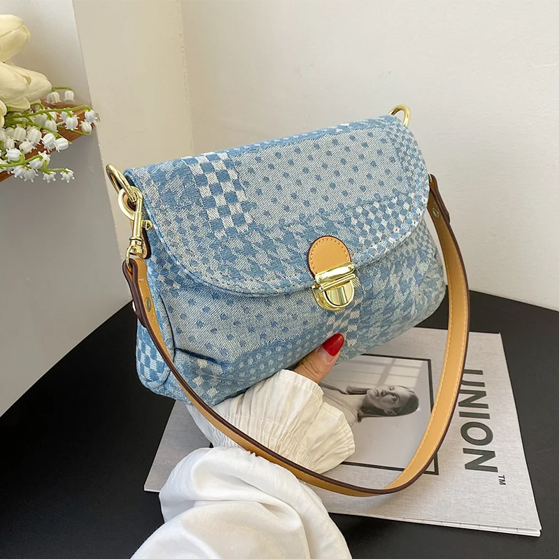 

Luxury Designer Jeans Bag Vintage Houndstooth Pattern Women 's Shoulder Bag Flap Zipper Denim Handbag Underarm Bag Shopper Tote