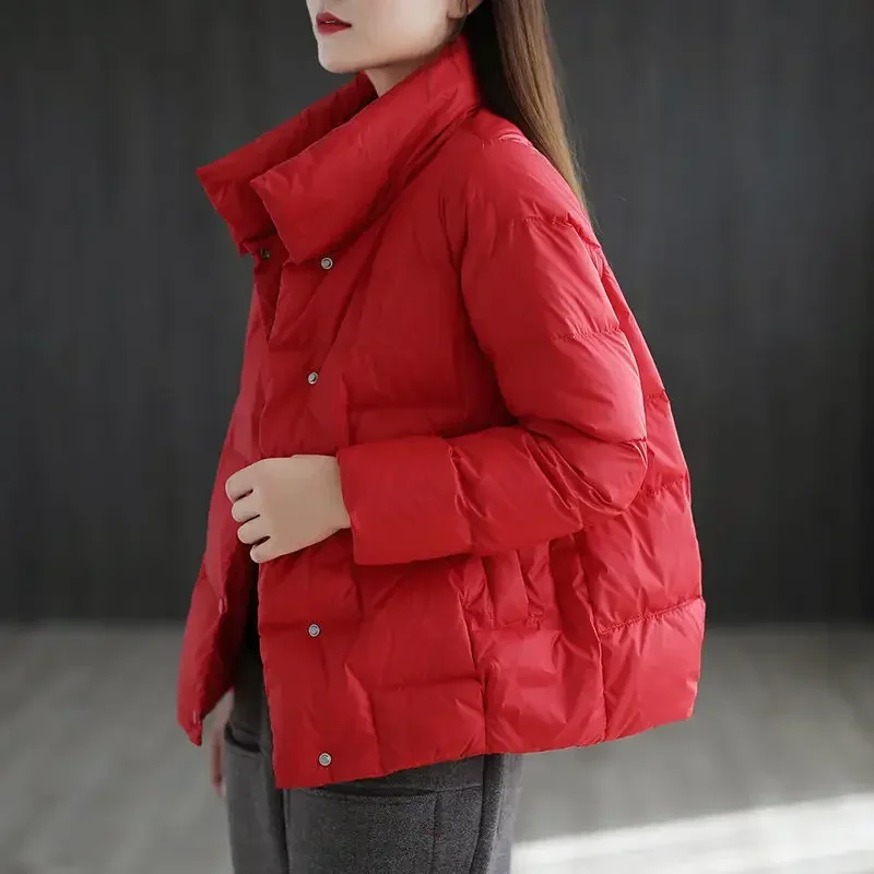 

Куртка женская стеганая на утином пуху, короткая укороченная черная утепленная куртка на молнии, винтажная верхняя одежда, красный цвет, зима