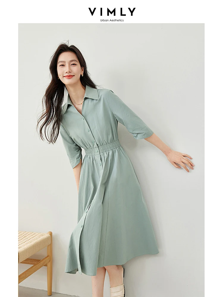 

Vimly Spring Cotton 100% Lapel A-line Shirt Dress for Woman 2024 New Simple Button Up Three Quarter Sleeve Midi Dresses M6116