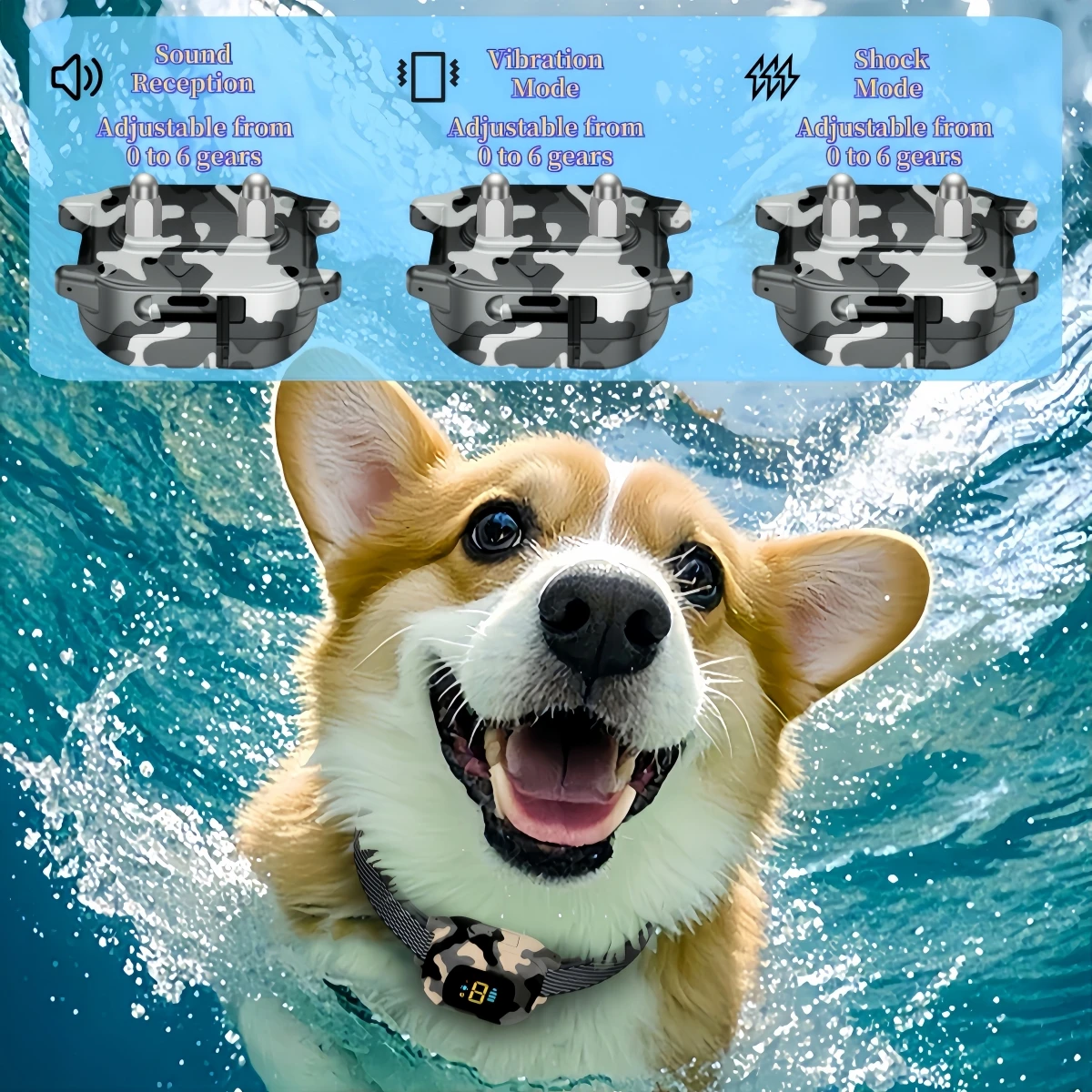 Bark Collar for Dog | Camouflage Automatic Anti Barking Dog Collar A happy Corgi swimming in water, demonstrating the waterproof design and the three training modes: Sound, Vibration, and Shock with 6 adjustable levels.