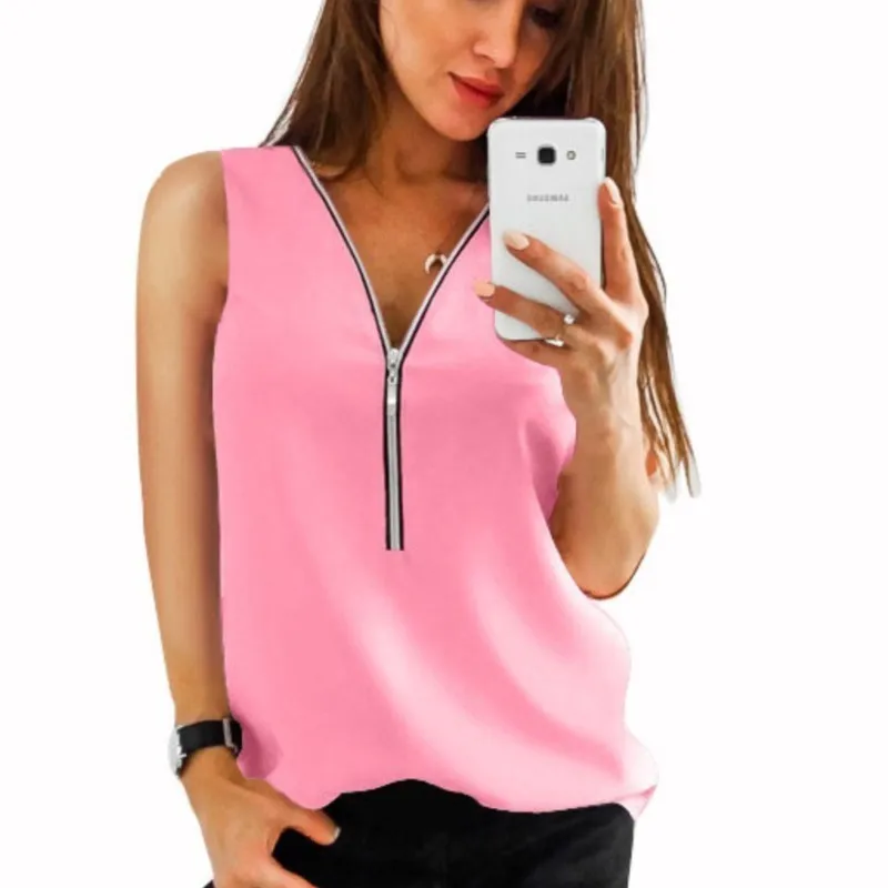 

New Arrival Women Spring Summer Chiffon Blouse Tops 2024 Zipper V Collar Sleeveless Loose Shirt Blusa Feminina Vest