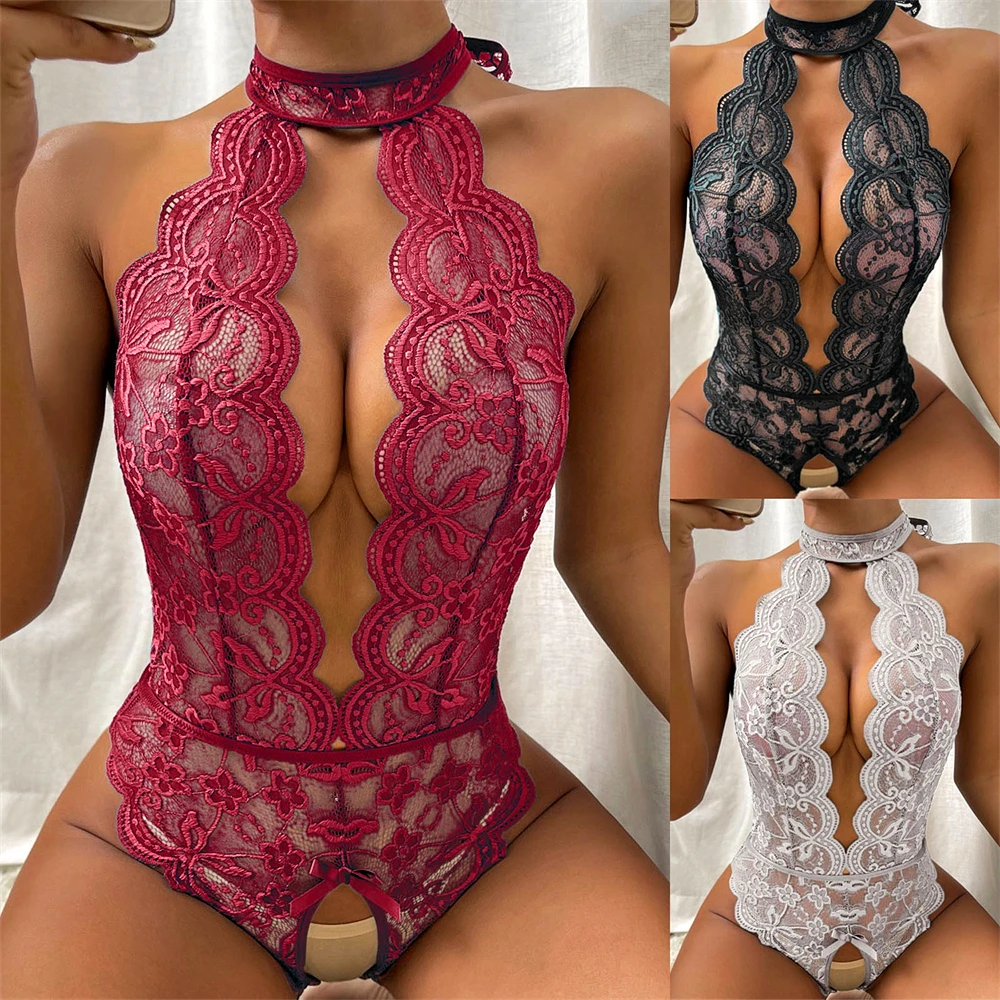 

Sexy Porn Lingerie Bodysuit Women Transparent Lace Erotic Halter Choker Deep V Neck Bra Set Open Crotch Teddy Underwear Jumpsuit