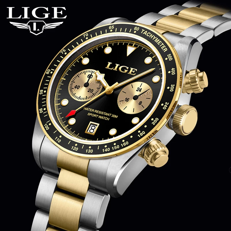 

LIGE Luxury Gold Mens Quatz Watches Stainless Steel Chronograph Waterproof Wristwatch Date Lume Males Watch For Men 2024 NEW