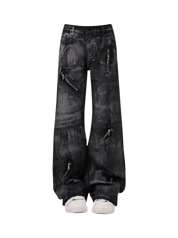 

High Street Casual Black Jeans Clubwear Korean Fashion HipHop Wide Leg Trousers Baggy Denim Pants Gothic Grunge 2000s Aesthetic