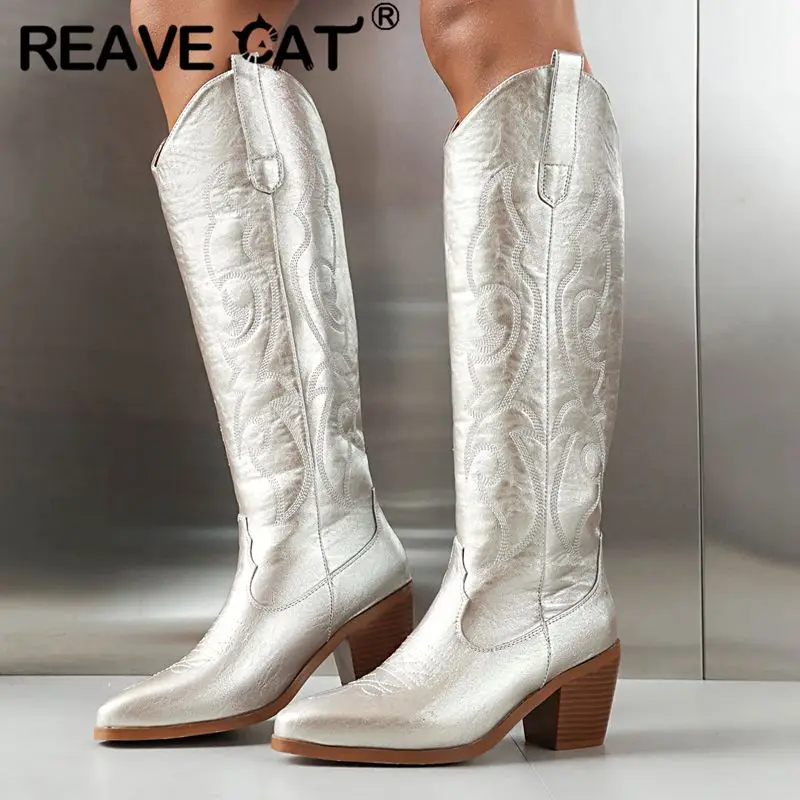

REAVE CAT New Women Knee High Boots Square Toe Block Heels 6.5cm Slip On Embroider Large Size 42 43 Leisure Daily Western Booty