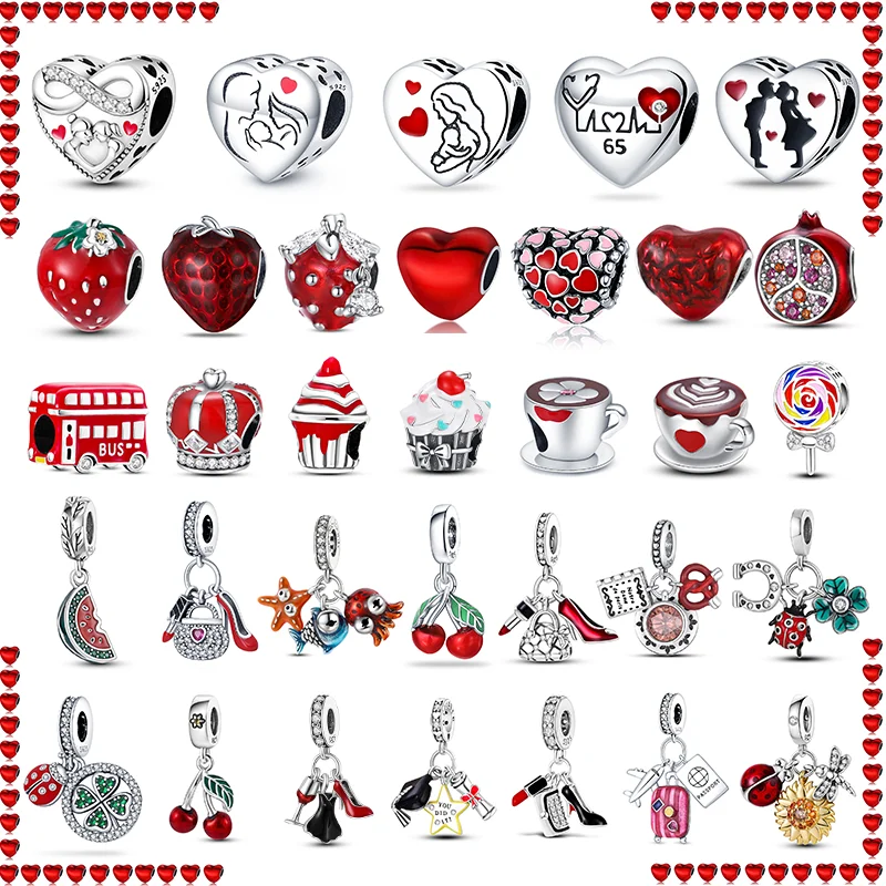 

100% 925 Sterling Silver Love Strawberry Cherry Red Series Charm Beads for Pandora Original Bracelet DIY Fine Jewelry Gift