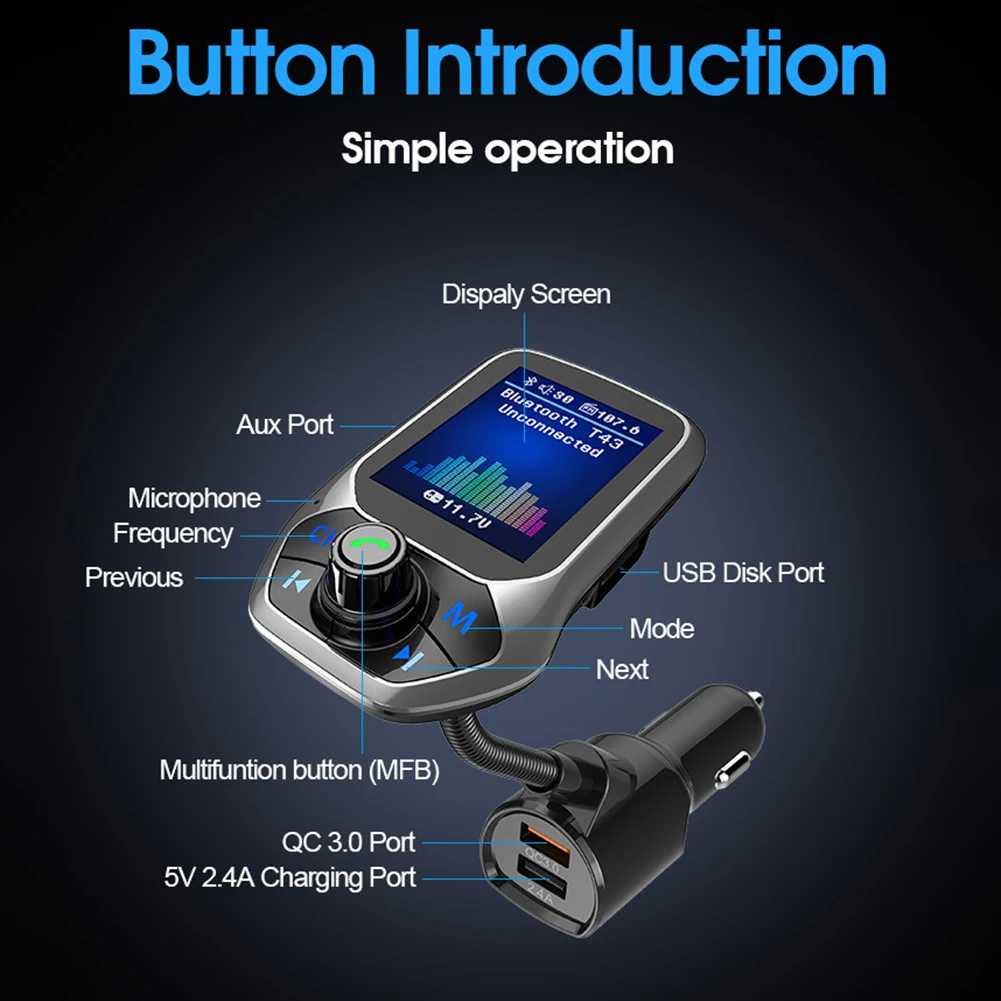 87.5-108 MHz Car MP3 Player MP3 Player General Vehicle Type 12V~24V 3USB T43 Bluetooth V 4.2 U Disk Socket USB2.4A
87.5-108 MHz Car MP3 Player MP3 Player General Vehicle Type 12V~24V 3USB T43 Bluetooth V 4.2 U Disk Socket USB2.4A