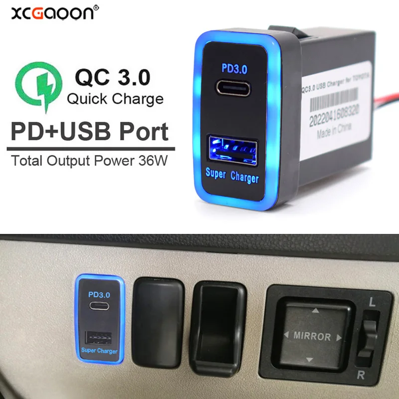 

XCGaoon PD3.0 Type C & USB QC3.0 Mobile Phone Quick Car Charger Adapter Plug & Play Cable For Toyota Output 36W