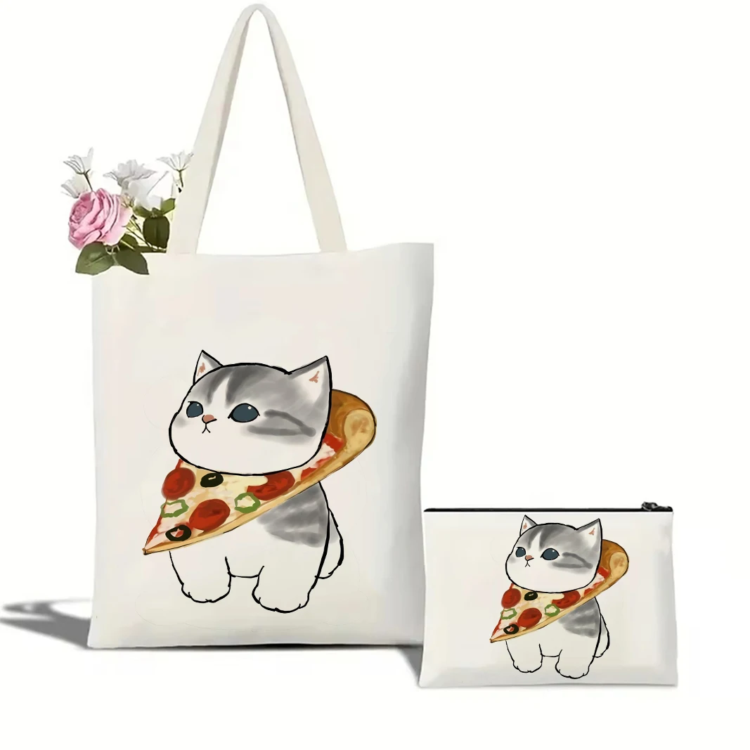 Cute Cats and Food Canvas Tote Bag - Adorable Creativity-Inspired Shoulder Bag 14 S66dfa2bda7f642908a9a99cdc0822101c