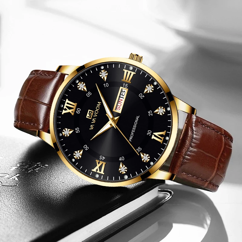 

Men Business Watch 40mm Luxury Water Diamond Gold Black Leather Double Calendar Quartz Movement Fashion Classic Mens Wristwatch