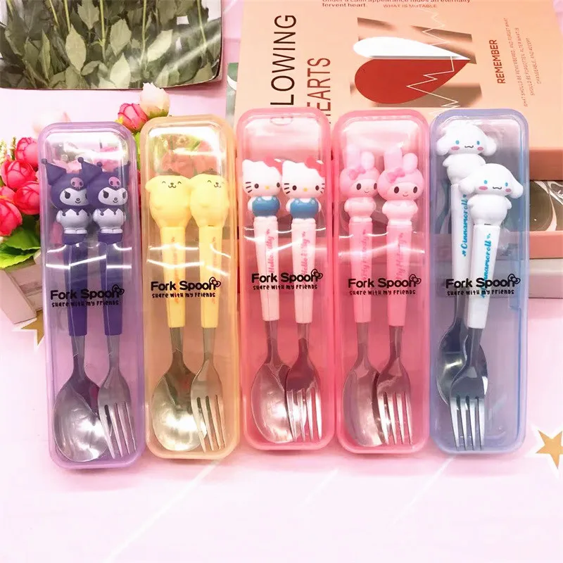 

Sanrioed Stainless Steel Cutlery Kawaii Hellokittys Melodys Kuromis Cinnamorolls Anime Character 3D Spoon and Fork Cutlery Set