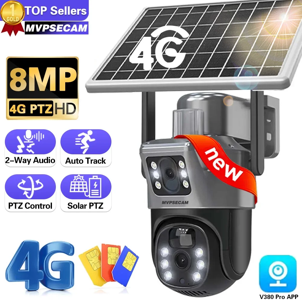 

4K 4G SIM Card Dual Lens Solar Cameras 8MP Wireless Surveillance PTZ Battery Camera Color Night Vision PIR Detection V380 Pro