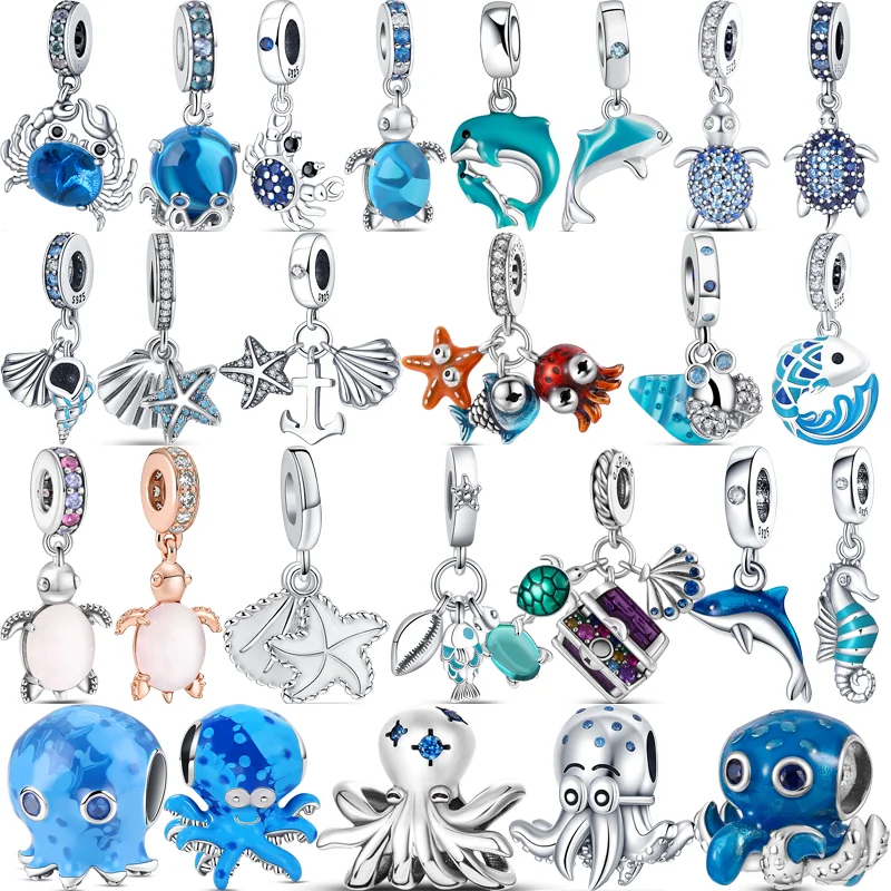 

925 Sterling Silver Fit Original Pandora Charm Bracelet Fine Jewelry Octopus Turtle Dolphin Crab Starfish Shell Summer DIY Beads