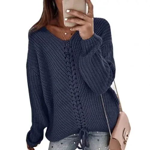 

2023 Autumn and Winter V-neck Sweater Women's Casual Loose Stitching Fashion Ladies Lace Knitted Sweater